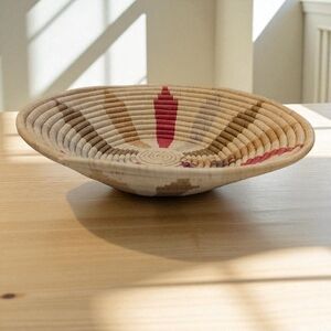GHANA Natural Round Plate Basket Tray Native African Organizer Red Tan Blue Gold